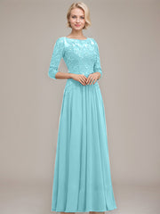 A-line Boat Neck Illusion Floor-Length Chiffon Lace Mother of the Bride Dress With Sequins Beading