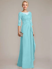 A-line Scoop Illusion Floor-Length Chiffon Lace Mother of the Bride Dress With Beading Sequins Cascading Ruffles