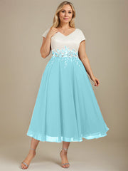 A-line V-Neck Tea-Length Satin Chiffon Mother of the Bride Dress With Appliques Lace