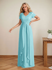 Elegant A-Line Chiffon V-neck Mother of the Brides Dresses Lace Top MOB Dresses