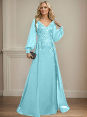 A-Line V-Neck Long Sleeves Floor-Length Chiffon Mother Of The Bride Dresses With Lace