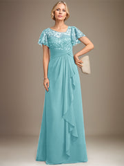 A-line Asymmetrical Illusion Floor-Length Lace Chiffon Mother of the Bride Dress With Cascading Ruffles Sequins