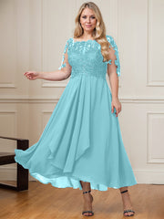 A-line Boat Neck Illusion Asymmetrical Lace Chiffon Mother of the Bride Dress With Cascading Ruffles Sequins