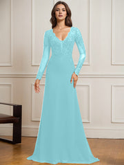 Sheath/Column V-Neck Detachable Sweep Train Lace Tulle Chiffon Mother of the Bride Dress With Sequins