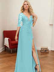 A-Line V-Neck 1/2 Sleeves Floor-Length Chiffon Mother Of The Bride Dresses With Lace