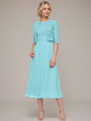 A-line/Princess Scoop Tea-Length Chiffon Mother of the Bride Dress With Lace Jacket