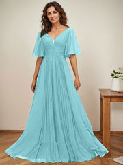 A-line V-Neck Floor-Length Chiffon Mother of the Bride Dress With Sequins Appliques Lace Pleated