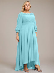 A-line Scoop Asymmetrical Chiffon Mother of the Bride Dress With Pleated Appliques Lace