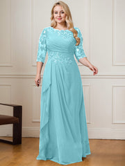 A-line Scoop Floor-Length Lace Chiffon Mother of the Bride Dress With Cascading Ruffles Sequins