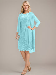 Sheath/Column Scoop Illusion Knee-Length Lace Chiffon Mother of the Bride Dress With Cascading Ruffles Sequins