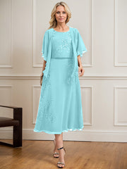A-line Scoop Tea-Length Lace Chiffon Mother of the Bride Dress With Sequins