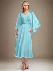 A-line V-Neck Tea-Length Chiffon Lace Mother of the Bride Dress With Sequins Beading