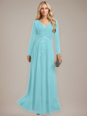 A-line V-Neck Floor-Length Stretch Crepe Evening Dress With Pleated Sequins Appliques Lace