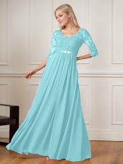 A-Line Floor-Length V-Neck Lace Chiffon Mother of the Bride Dress
