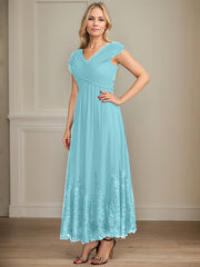 A-line V-Neck Ankle-Length Chiffon Mother of the Bride Dress With Bow Sequins Appliques Lace