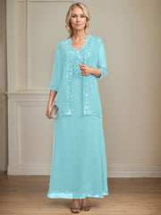 A-line V-Neck Ankle-Length Lace Sequin Chiffon Mother of the Bride Dress