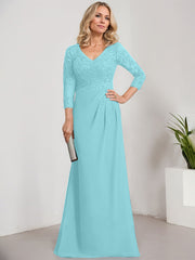 Sheath/Column V-Neck Illusion Floor-Length Lace Chiffon Mother of the Bride Dress With Pleated Sequins