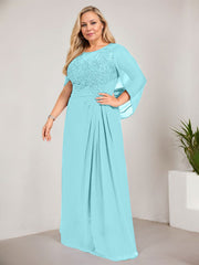 A-line Scoop Illusion Floor-Length Lace Chiffon Mother of the Bride Dress With Sequins Pleated