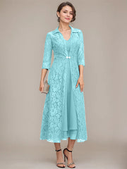 A-line V-Neck Tea-Length Chiffon Mother of the Bride Dress