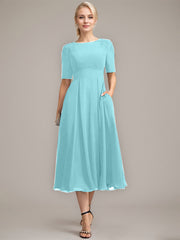 A-line Scoop Tea-Length Chiffon Mother of the Bride Dress With Appliques Lace Sequins