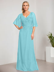 A-line V-Neck Floor-Length Lace Chiffon Mother of the Bride Dress With Sequins Beading