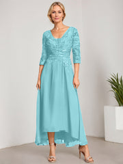 A-line V-Neck Asymmetrical Chiffon Lace Mother of the Bride Dress With Pleated Beading
