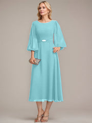 A-line Scoop Tea-Length Chiffon Mother of the Bride Dress With Crystal Brooch Pleated