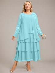 A-line Scoop Tea-Length Chiffon Mother of the Bride Dress With Cascading Ruffles