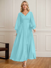 A-line V-Neck Ankle-Length Chiffon Mother of the Bride Dress With Cascading Ruffles Beading Sequins