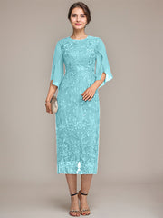 Sheath/Column Scoop Tea-Length Lace Chiffon Mother of the Bride Dress