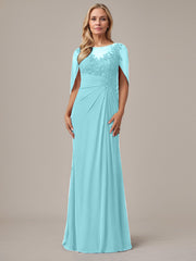 A-Line Floor-Length Boat-Neck Lace Capelet Chiffon Mother of the Bride Dress