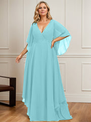 A-line V-Neck Floor-Length Chiffon Mother of the Bride Dress With Sequins Appliques Lace Beading