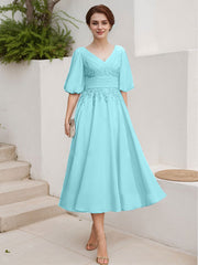 A-Line V-Neck 1/2 Sleeves Chiffon Mother Of The Bride Dresses With Lace