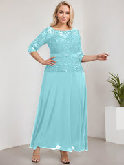 A-line Scoop Illusion Ankle-Length Chiffon Lace Mother of the Bride Dress With Rhinestone Beading