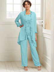 Elegant Appliques 3 Pieces Chiffon Mother of The Bride Jumpsuit with Wrap