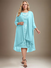 Sheath/Column Scoop Illusion Knee-Length Lace Chiffon Mother of the Bride Dress With Cascading Ruffles Sequins