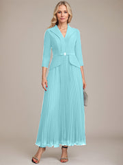 A-line Collared V-Neck Ankle-Length Chiffon Mother of the Bride Dress With Beading Pleated