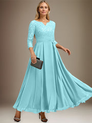 A-line V-Neck Ankle-Length Chiffon Lace Mother of the Bride Dress With Rhinestone