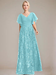 A-line V-Neck Floor-Length Lace Sequin Chiffon Mother of the Bride Dress With Pleated