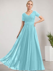 A-line V-Neck Floor-Length Lace Chiffon Mother of the Bride Dress
