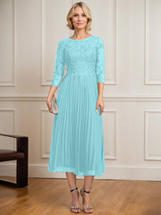 A-line Scoop Illusion Tea-Length Lace Chiffon Mother of the Bride Dress With Sequins Pleated