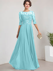 A-line Scoop Illusion Floor-Length Lace Chiffon Mother of the Bride Dress With Pleated Sequins