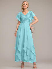 A-line V-Neck Ankle-Length Lace Chiffon Mother of the Bride Dress With Cascading Ruffles