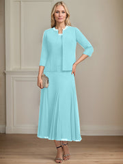 Separates A-line Scoop Tea-Length Chiffon Mother of the Bride Dress With Sequins Beading