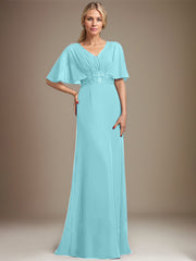 A-line V-Neck Floor-Length Chiffon Mother of the Bride Dress With Sequins Appliques Lace Pleated