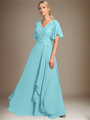 A-line V-Neck Floor-Length Lace Chiffon Mother of the Bride Dress With Cascading Ruffles Sequins