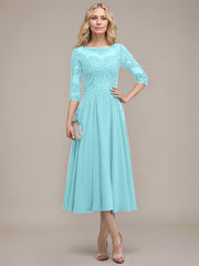 A-line Scoop Illusion Tea-Length Chiffon Lace Mother of the Bride Dress With Sequins Beading