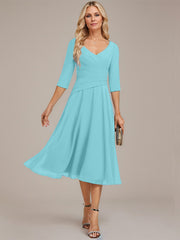 A-line V-Neck Tea-Length Chiffon Mother of the Bride Dress With Pleated