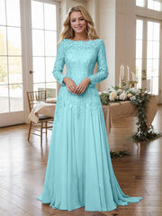 A-line Bateau Long Sleeves Appliques Lace Sweep Train Chiffon Mother of the Bride Dres