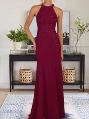 Dusty Blue Sheath Halter Long Mother of Bride Dress With Appliques